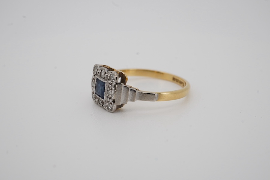 A 1920's 18ct and plat. sapphire and diamond set square cluster ring, size M, gross weight 2.5 grams. Condition - fair